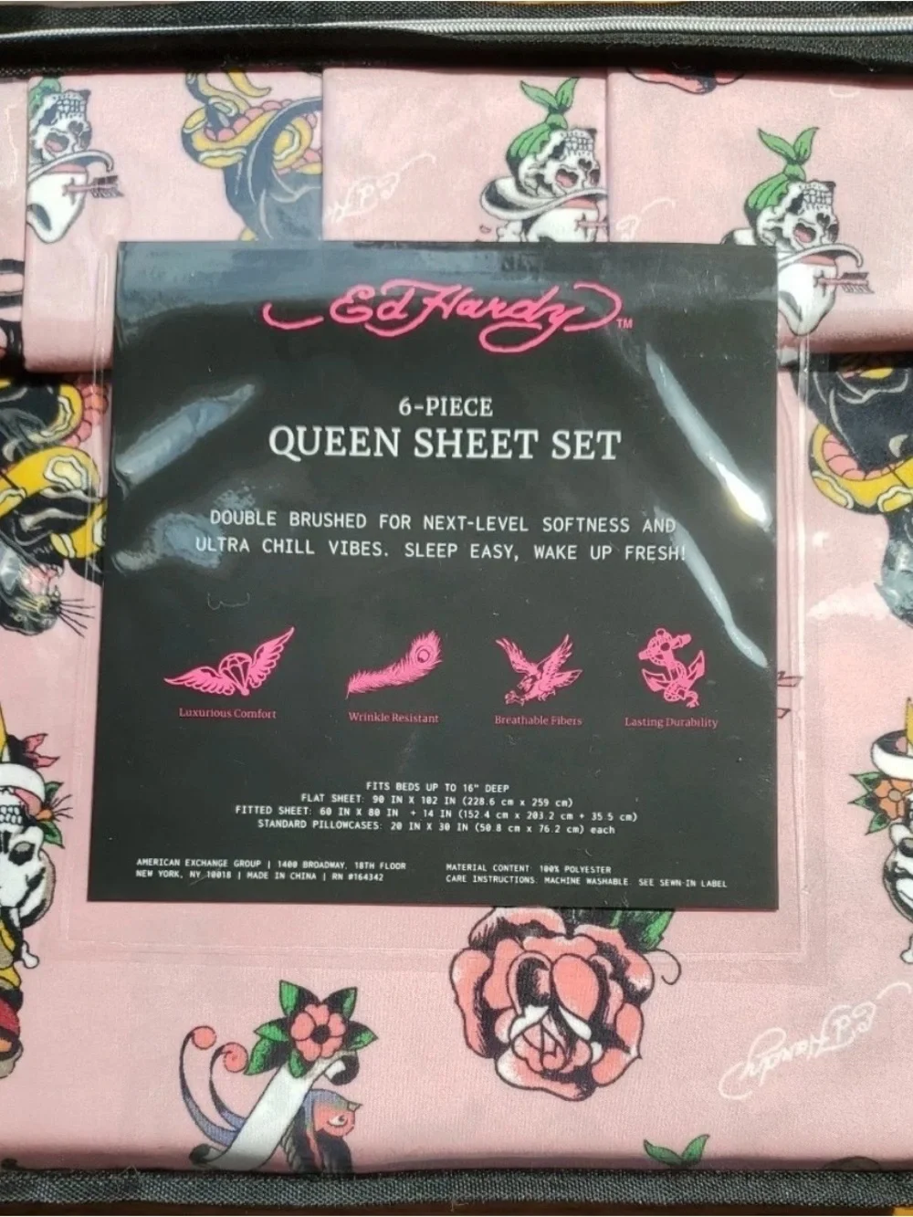 NWT Ed Hardy Queen Pink 6-Piece Sheet Set